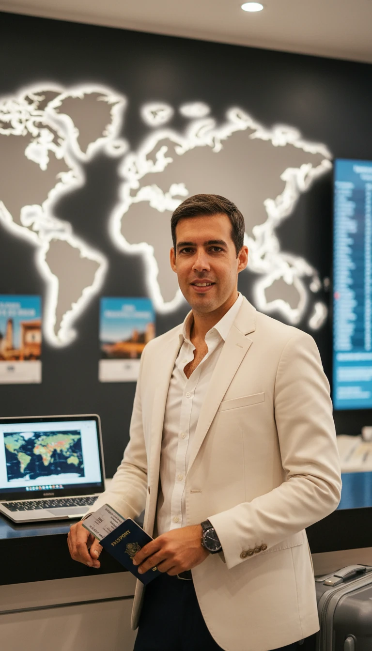 José Tosta de blazer claro, com um passaporte nas mãos e um mapa do mundo ao fundo